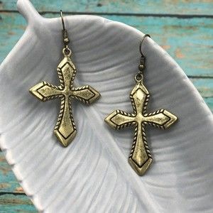 🌼 Rugged Worn Cross Gold Dangle Earrings